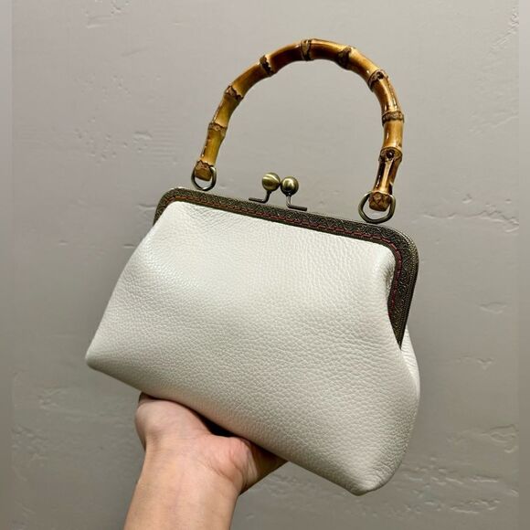 Handsewn Genuine Pebble Leather Real Bamboo Handle Bag - Picture 3 of 13